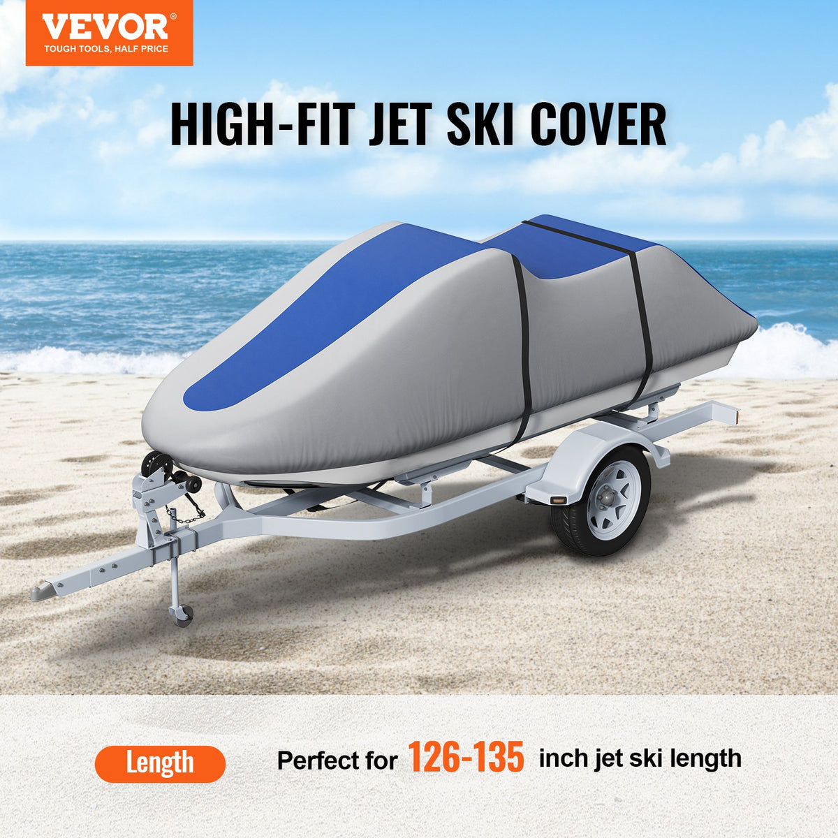 VEVOR Jet Ski Cover 3200–3420 mm, Waterproof, 600D Marine Grade PU Oxford Fabric, with Buckle Straps, UV Resistant, Grey/Blue