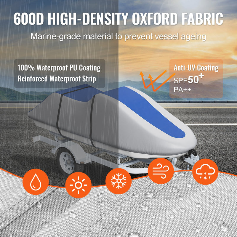 VEVOR ūdensmotocikla pārsegs 3200-3420 mm, ūdensizturīgs, 600D jūras klases PU Oksfordas audums, ar sprādzes siksnām, UV izturīgs, pelēks/zils