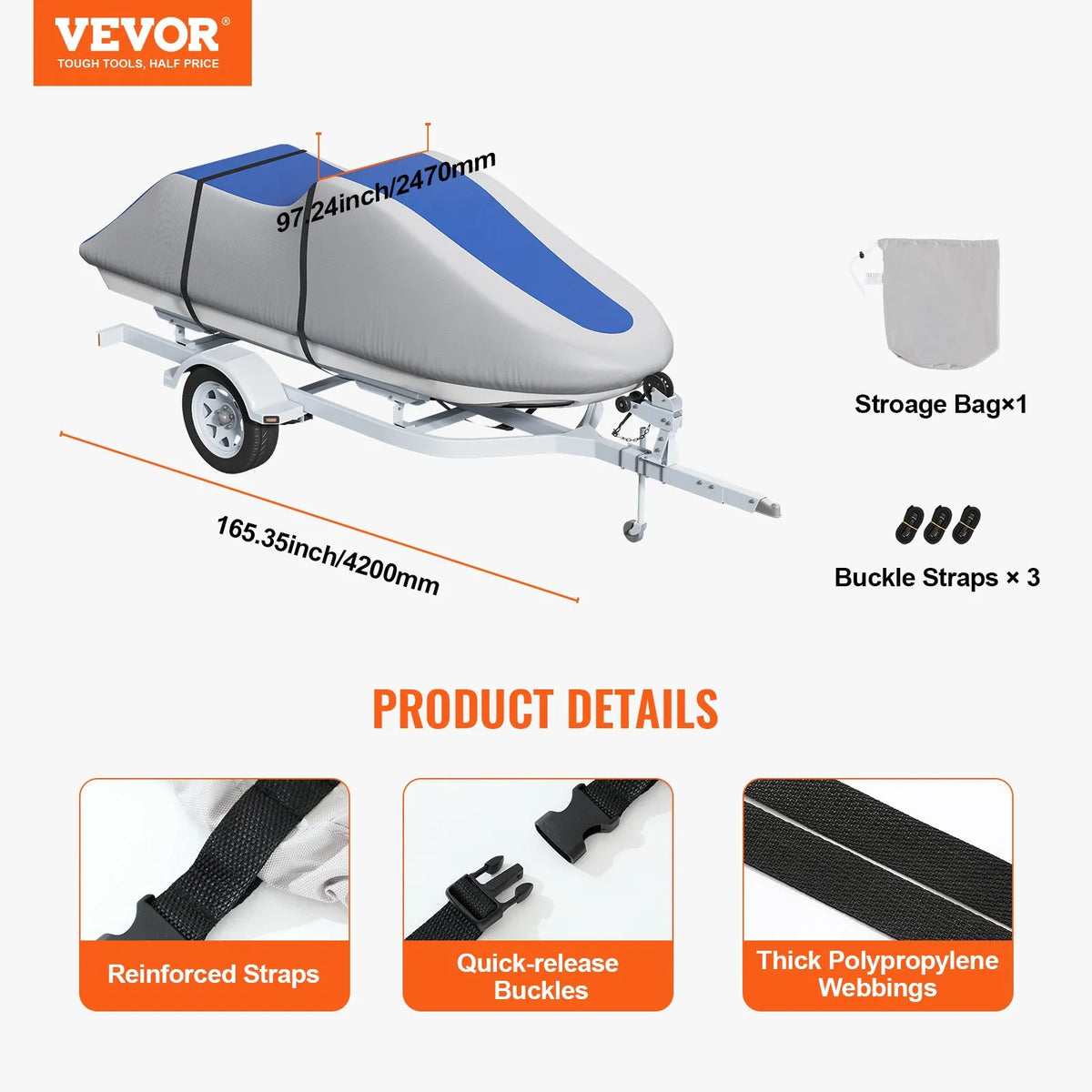 VEVOR Jet Ski Cover 3200–3420 mm, Waterproof, 600D Marine Grade PU Oxford Fabric, with Buckle Straps, UV Resistant, Grey/Blue