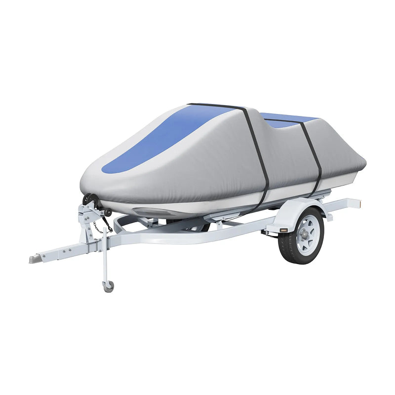 VEVOR ūdensmotocikla pārsegs 3200-3420 mm, ūdensizturīgs, 600D jūras klases PU Oksfordas audums, ar sprādzes siksnām, UV izturīgs, pelēks/zils