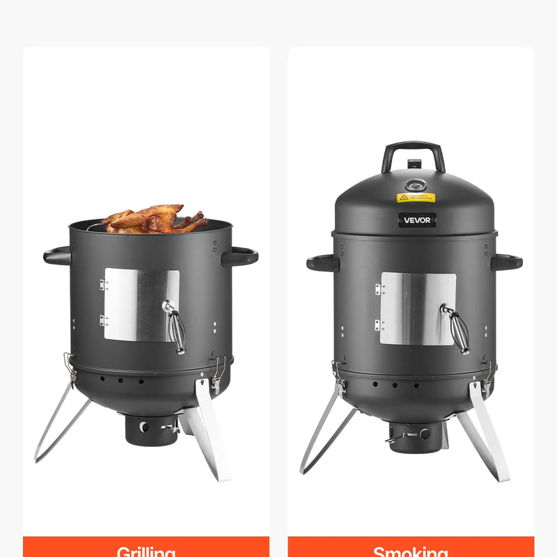 VEVOR vertikālais ogļu kūpinātājs 406 mm, tērauda BBQ kūpinātājs ar pārklājumu, 2 grilēšanas restēm, termometru, gaisa ventilācijas atverēm un noņemamu pelnu paplāti pagalma un terases gatavošanai