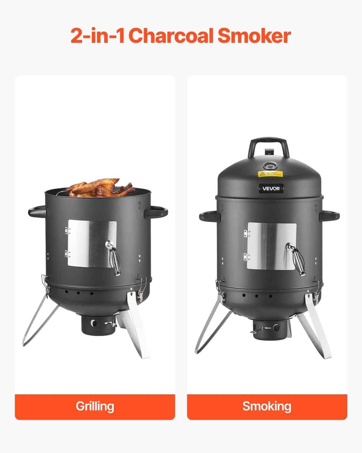 VEVOR Vertical Charcoal Smoker 406 mm, Steel BBQ Smoker with Cover, 2 Cooking Grates, Thermometer, Air Vents and Removable Ash Pan for Patio and Terrace Cooking