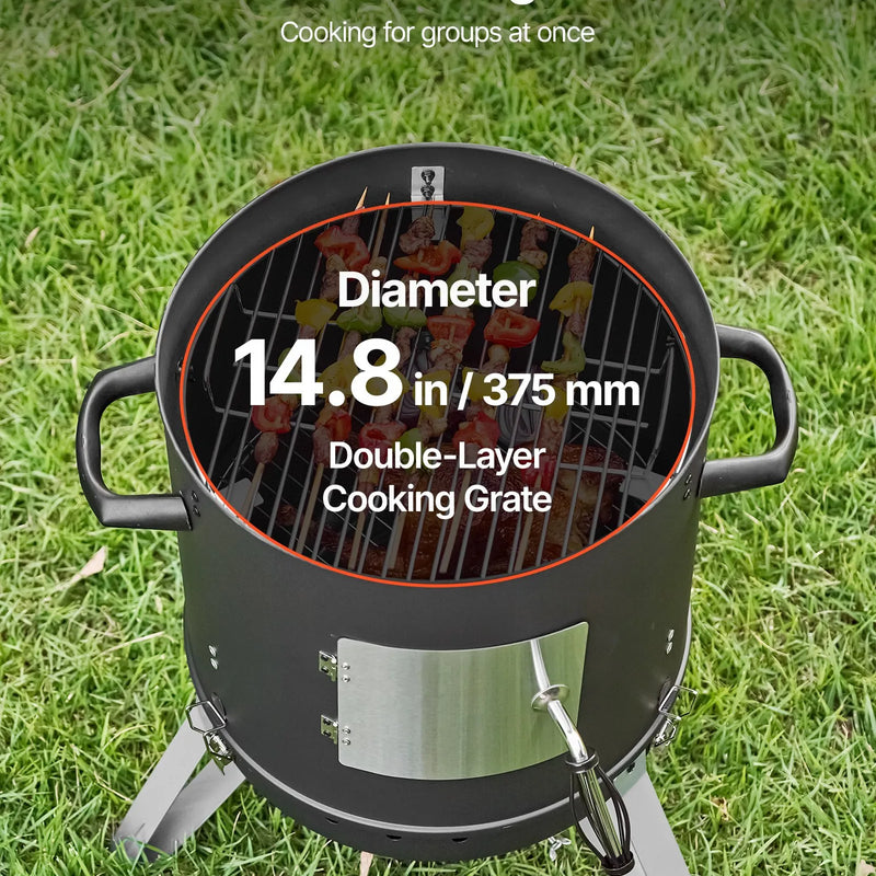 VEVOR vertikālais ogļu kūpinātājs 406 mm, tērauda BBQ kūpinātājs ar pārklājumu, 2 grilēšanas restēm, termometru, gaisa ventilācijas atverēm un noņemamu pelnu paplāti pagalma un terases gatavošanai
