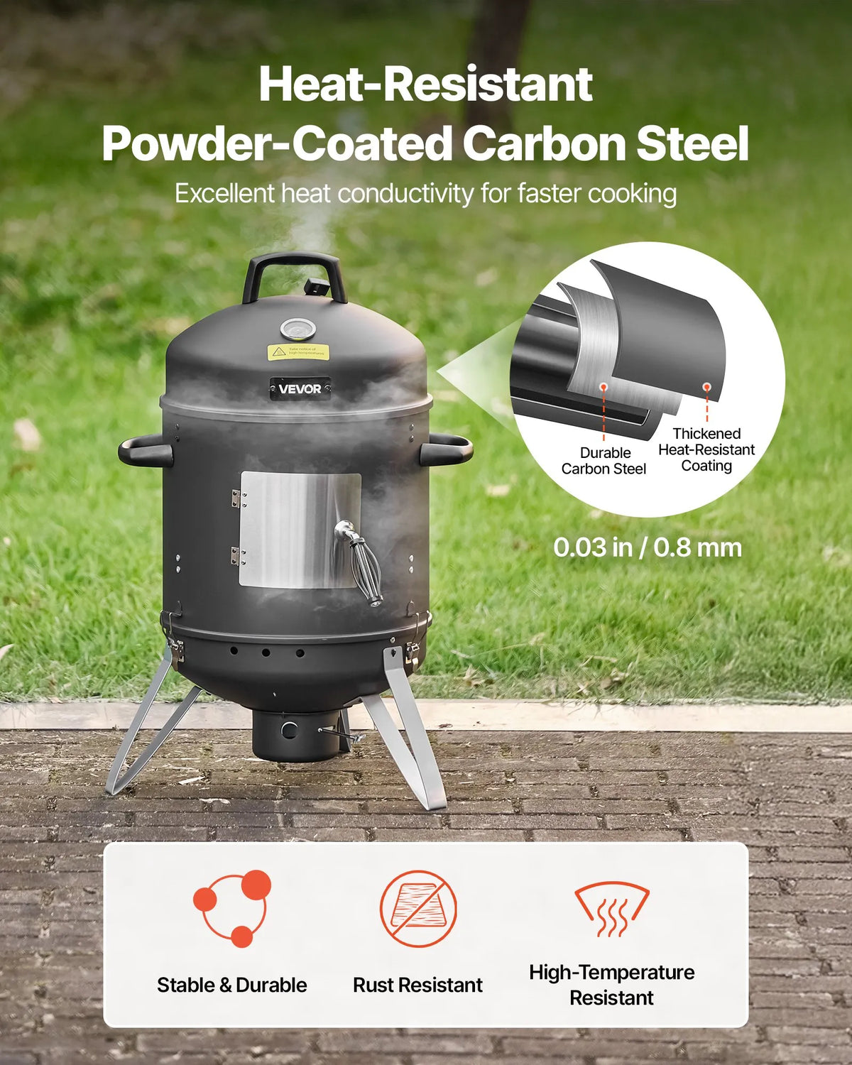 VEVOR Vertical Charcoal Smoker 406 mm, Steel BBQ Smoker with Cover, 2 Cooking Grates, Thermometer, Air Vents and Removable Ash Pan for Patio and Terrace Cooking