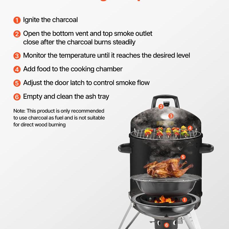 VEVOR vertikālais ogļu kūpinātājs 406 mm, tērauda BBQ kūpinātājs ar pārklājumu, 2 grilēšanas restēm, termometru, gaisa ventilācijas atverēm un noņemamu pelnu paplāti pagalma un terases gatavošanai