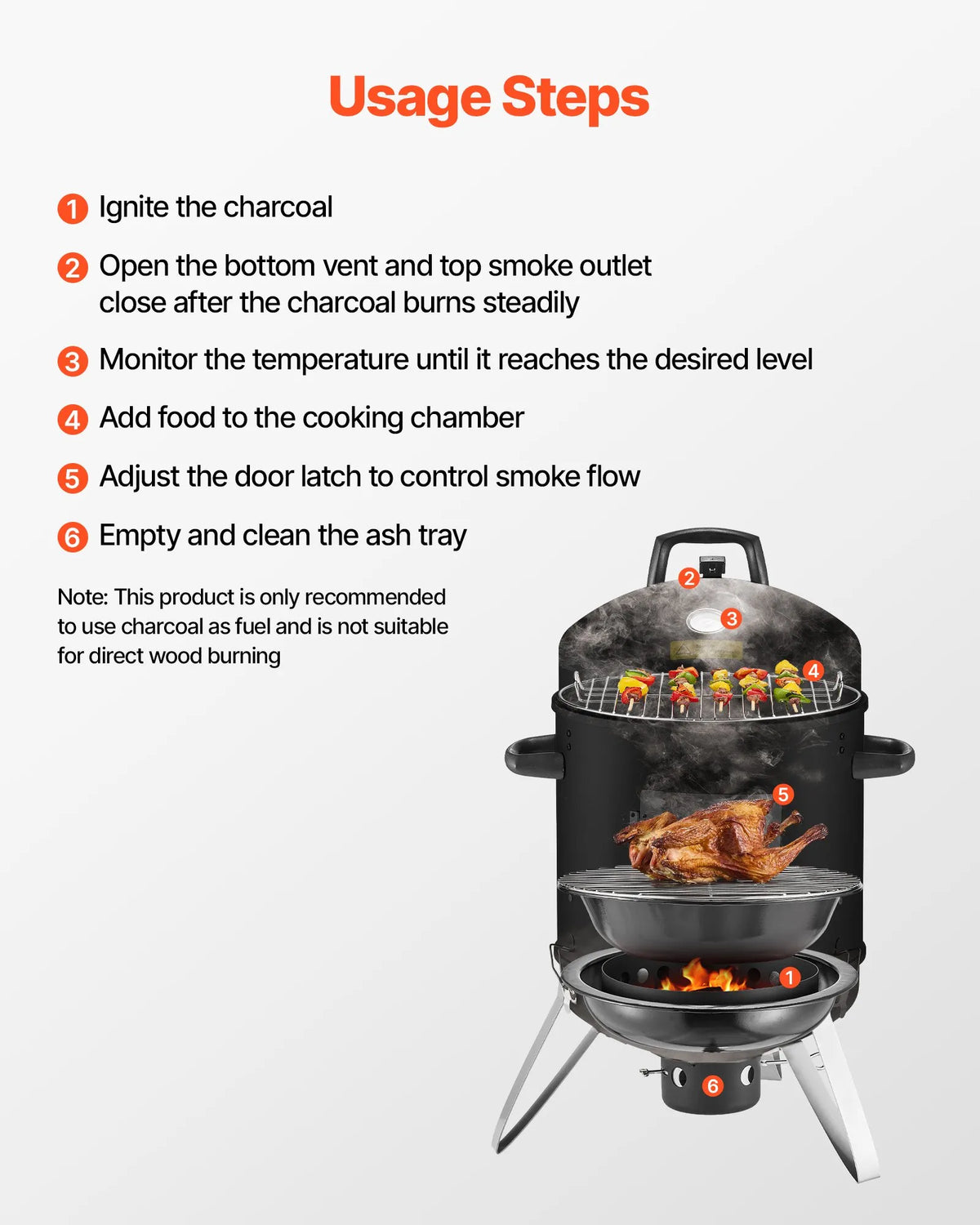VEVOR Vertical Charcoal Smoker 406 mm, Steel BBQ Smoker with Cover, 2 Cooking Grates, Thermometer, Air Vents and Removable Ash Pan for Patio and Terrace Cooking