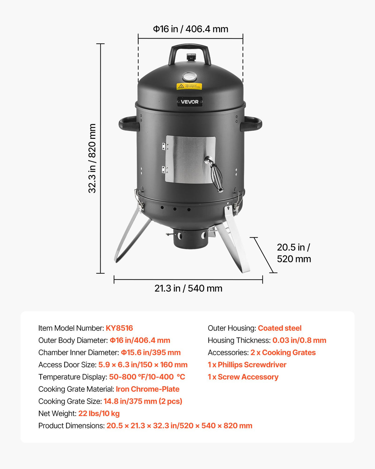 VEVOR Vertical Charcoal Smoker 406 mm, Steel BBQ Smoker with Cover, 2 Cooking Grates, Thermometer, Air Vents and Removable Ash Pan for Patio and Terrace Cooking