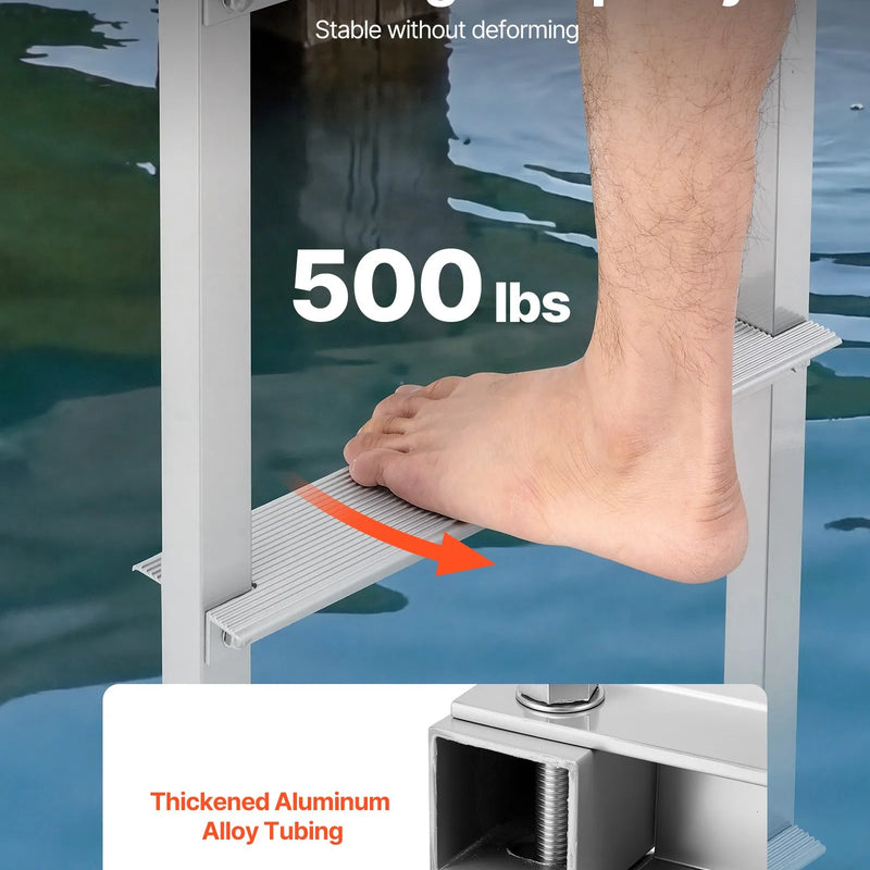 VEVOR noņemamas piestātnes kāpnes ar 3 pakāpieniem, kravnesība 226,8 kg, alumīnija pontona kāpnes ar 78,7 mm platiem neslīdošiem pakāpieniem, viegla uzstādīšana kuģiem, ezeriem un baseiniem - ZEMLETES.LV
