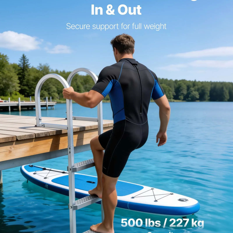 VEVOR noņemamas piestātnes kāpnes ar 4 pakāpieniem, alumīnija pontona peldēšanas kāpnes ar platiem neslīdošiem PP pakāpieniem, kravnesība 227 kg, ātrās noņemšanas dizains, piemērotas ezeriem, baseiniem un piestātnēm - ZEMLETES.LV