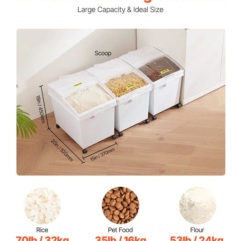 VEVOR sastāvdaļu konteinera komplekts, 33,3 l ietilpības pārtikas uzglabāšanas tvertnes uz riteņiem, PP materiāls, balta plaukta tipa konteiners ar kausiņu un bīdāmu vāku, komerciālai uzglabāšanai, 3 gab. komplekts