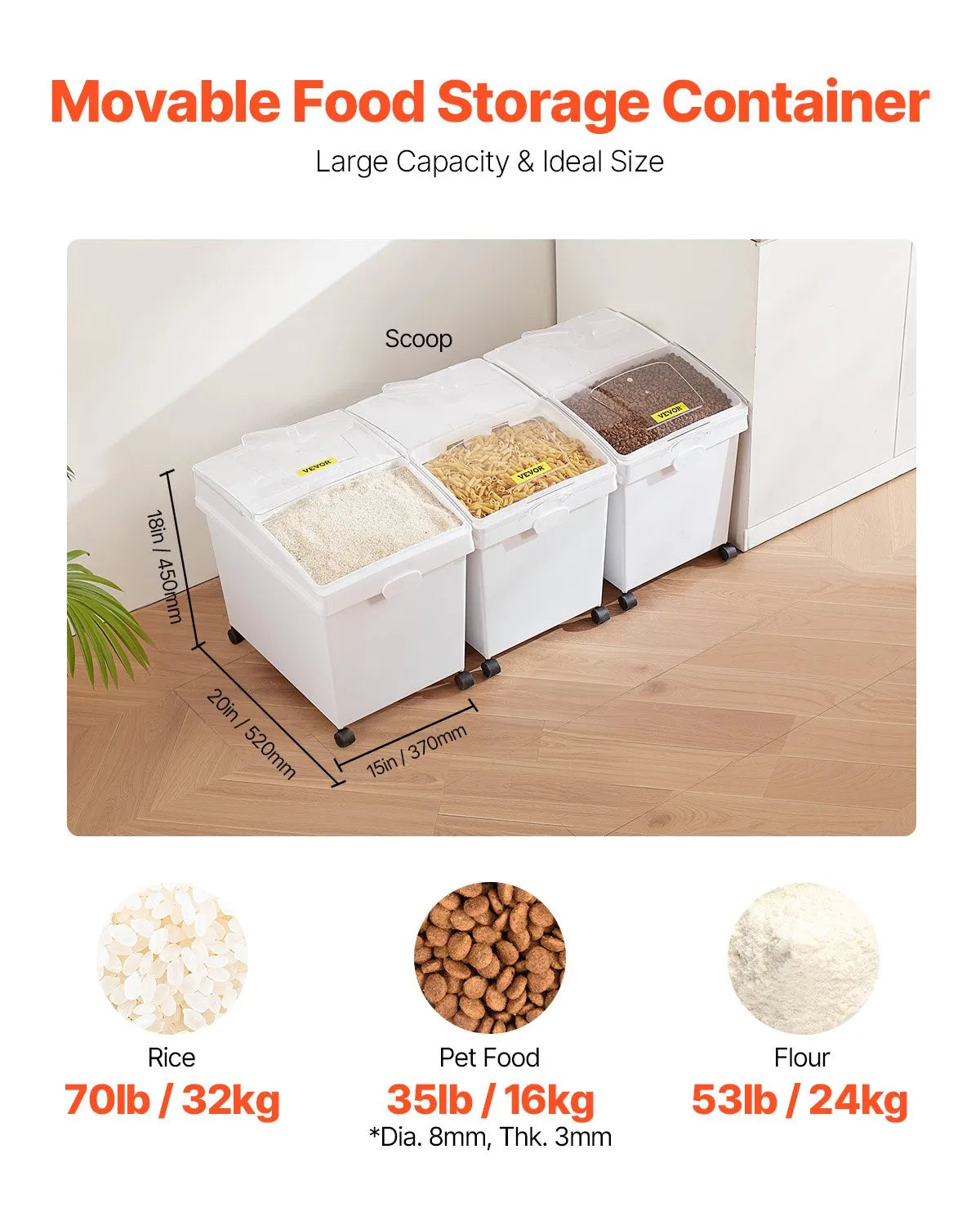 VEVOR Storage Container Set with Wheels, Sliding Lid and Scoop, 3 × 33.3 l, White