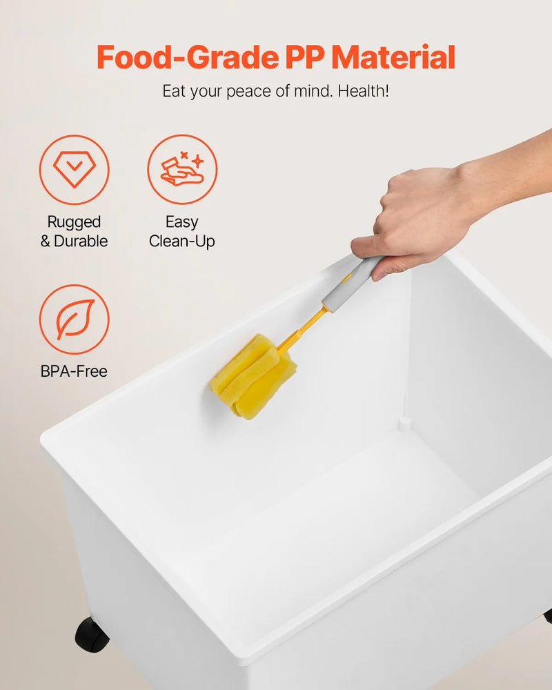 VEVOR sastāvdaļu konteinera komplekts, 33,3 l ietilpības pārtikas uzglabāšanas tvertnes uz riteņiem, PP materiāls, balta plaukta tipa konteiners ar kausiņu un bīdāmu vāku, komerciālai uzglabāšanai, 3 gab. komplekts