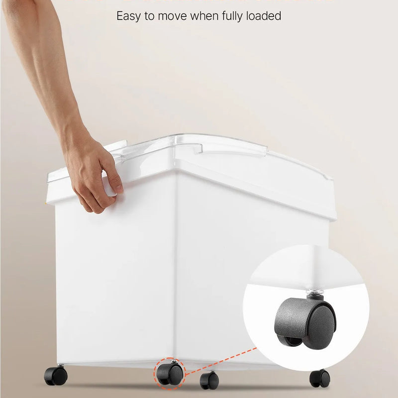 VEVOR sastāvdaļu konteinera komplekts, 33,3 l ietilpības pārtikas uzglabāšanas tvertnes uz riteņiem, PP materiāls, balta plaukta tipa konteiners ar kausiņu un bīdāmu vāku, komerciālai uzglabāšanai, 3 gab. komplekts