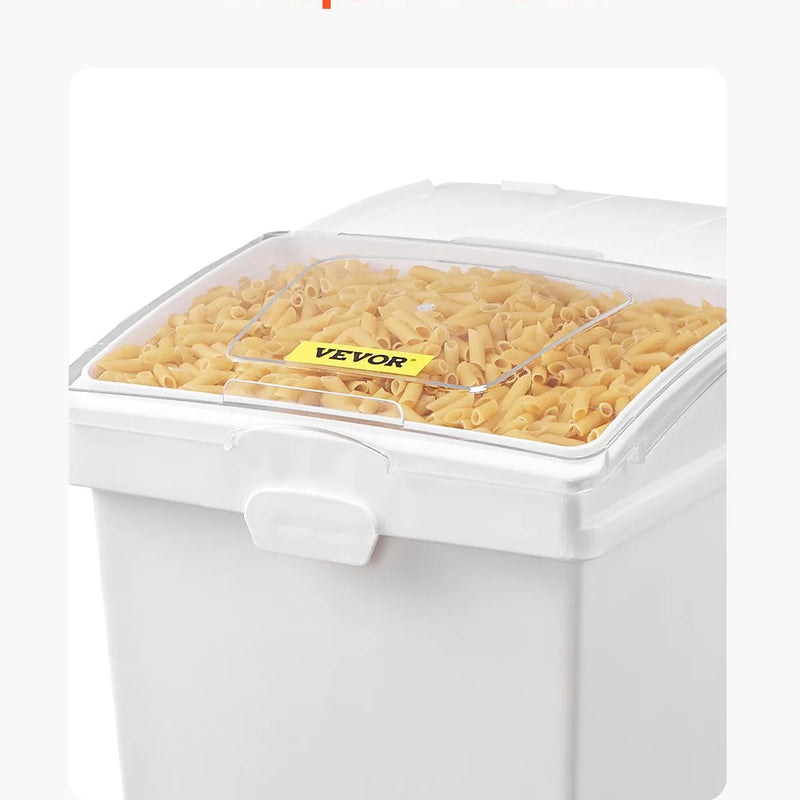 VEVOR sastāvdaļu konteinera komplekts, 33,3 l ietilpības pārtikas uzglabāšanas tvertnes uz riteņiem, PP materiāls, balta plaukta tipa konteiners ar kausiņu un bīdāmu vāku, komerciālai uzglabāšanai, 3 gab. komplekts