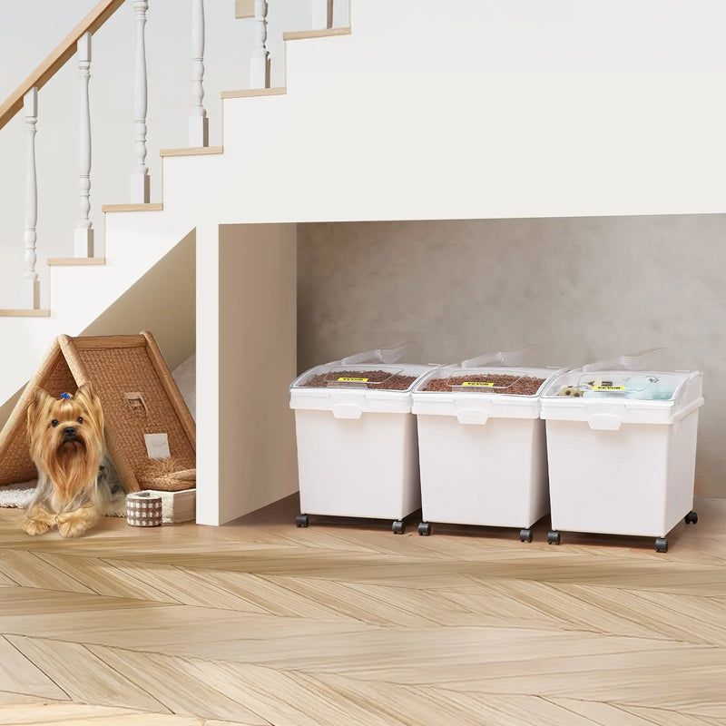 VEVOR sastāvdaļu konteinera komplekts, 33,3 l ietilpības pārtikas uzglabāšanas tvertnes uz riteņiem, PP materiāls, balta plaukta tipa konteiners ar kausiņu un bīdāmu vāku, komerciālai uzglabāšanai, 3 gab. komplekts