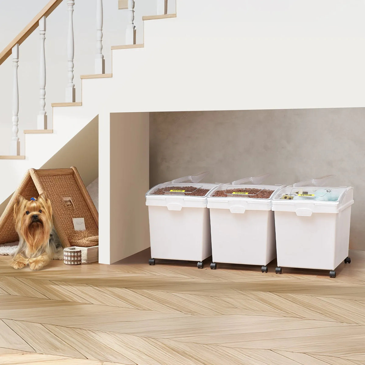 VEVOR Storage Container Set with Wheels, Sliding Lid and Scoop, 3 × 33.3 l, White
