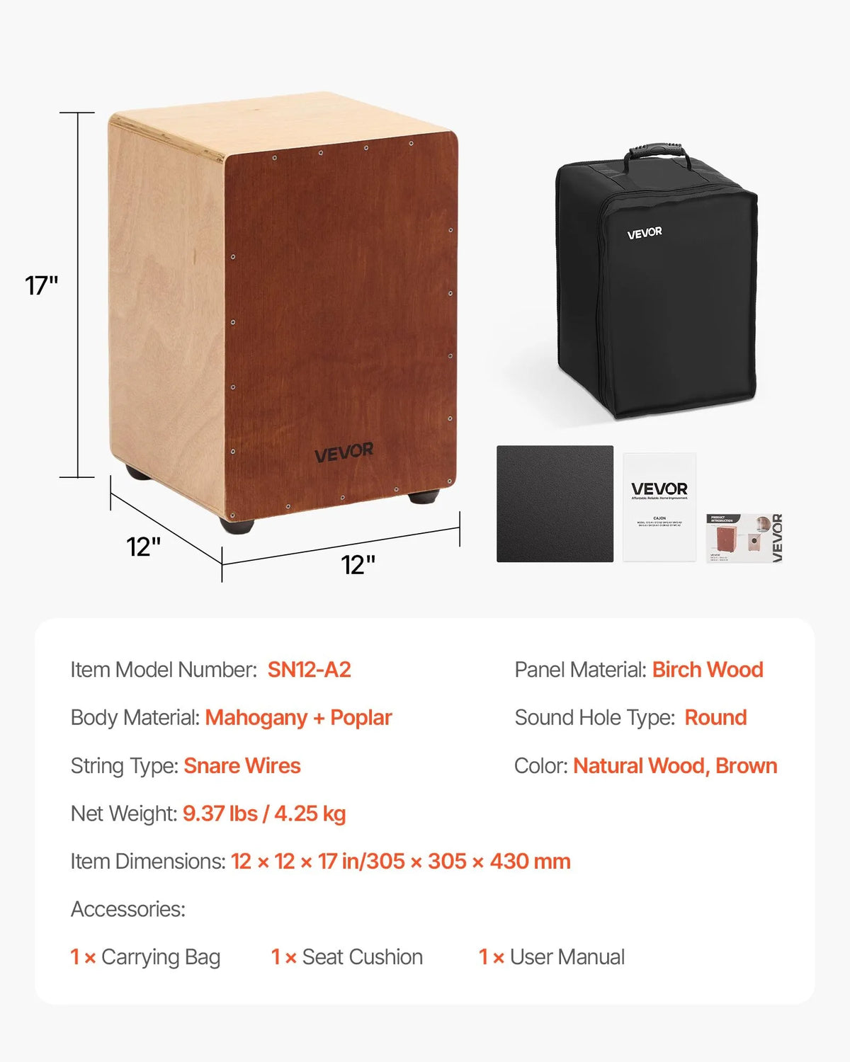 VEVOR Cajon 30.5 × 30.5 × 43 cm with Internal Strings and Bag, Birch, Portable
