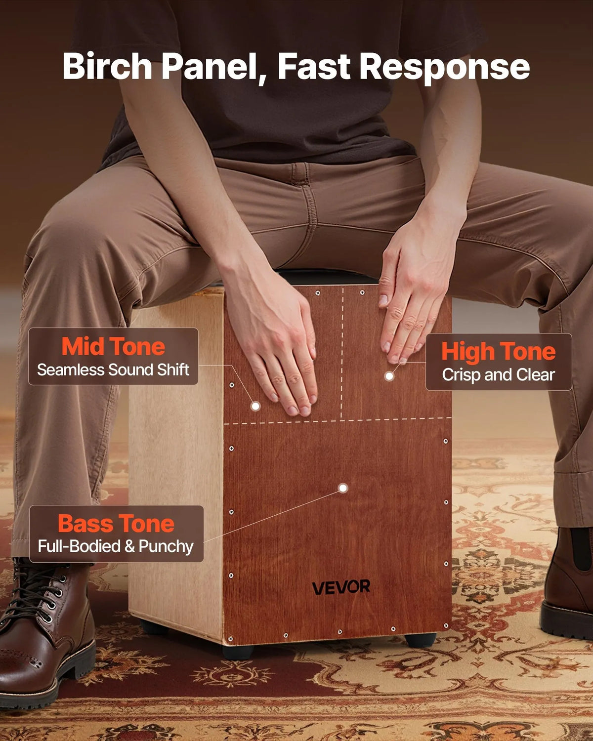 VEVOR Cajon 30.5 × 30.5 × 43 cm with Snare Strings and Silicone Feet, Birch, Lightweight