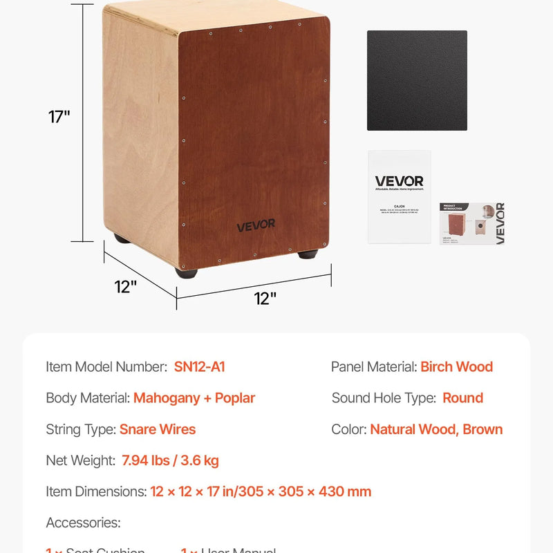 VEVOR koka kachona bungas ar iebūvētām snare stīgām, viegls bērza perkusiju instruments ar silikona kājiņām, pārnēsājams modelis iesācējiem un profesionāļiem, 305 × 305 × 430 mm