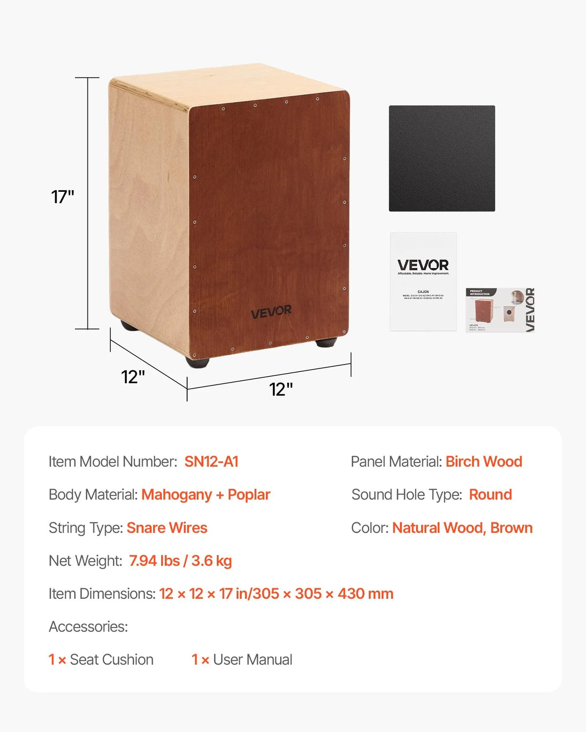 VEVOR Cajon 30.5 × 30.5 × 43 cm with Snare Strings and Silicone Feet, Birch, Lightweight