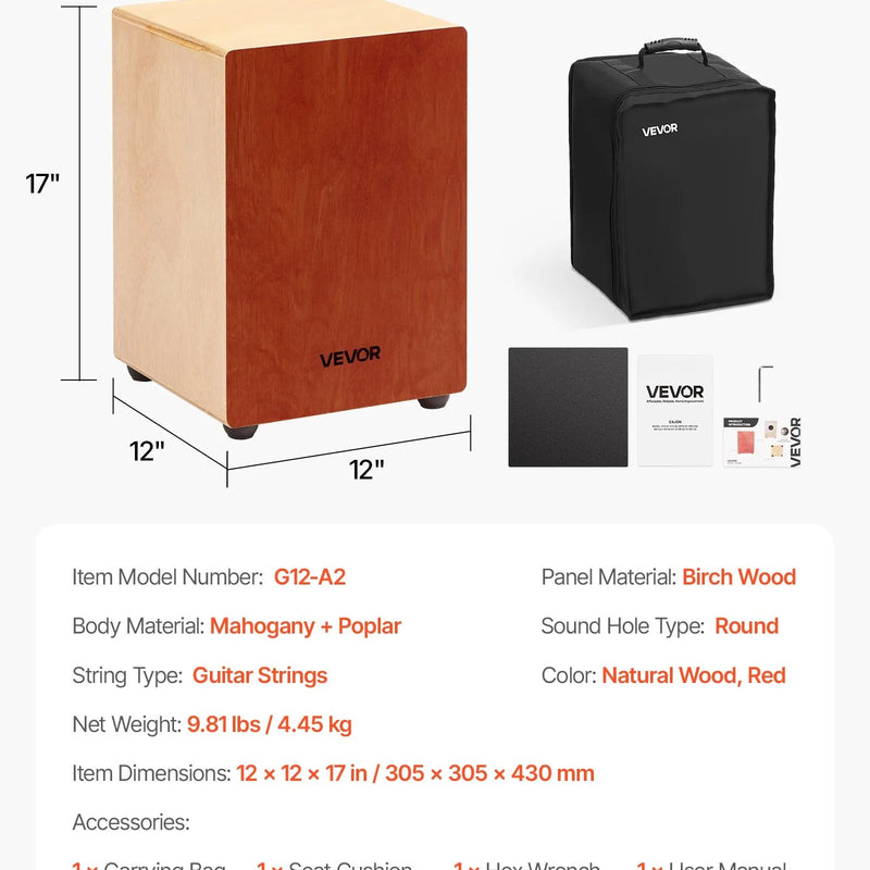 VEVOR kajona boksa bungas ar iekšējām stīgām, pārnēsājamas bērza koka ritma bungas ar ceļojuma somu, 305 × 305 × 430 mm, piemērotas iesācējiem un profesionāļiem