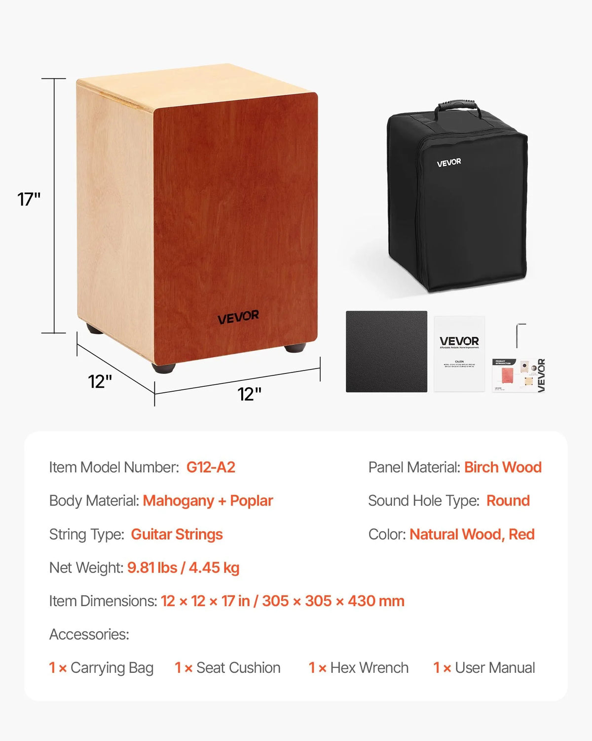 VEVOR Cajon 30.5 × 30.5 × 43 cm with Internal Strings and Bag, Birch