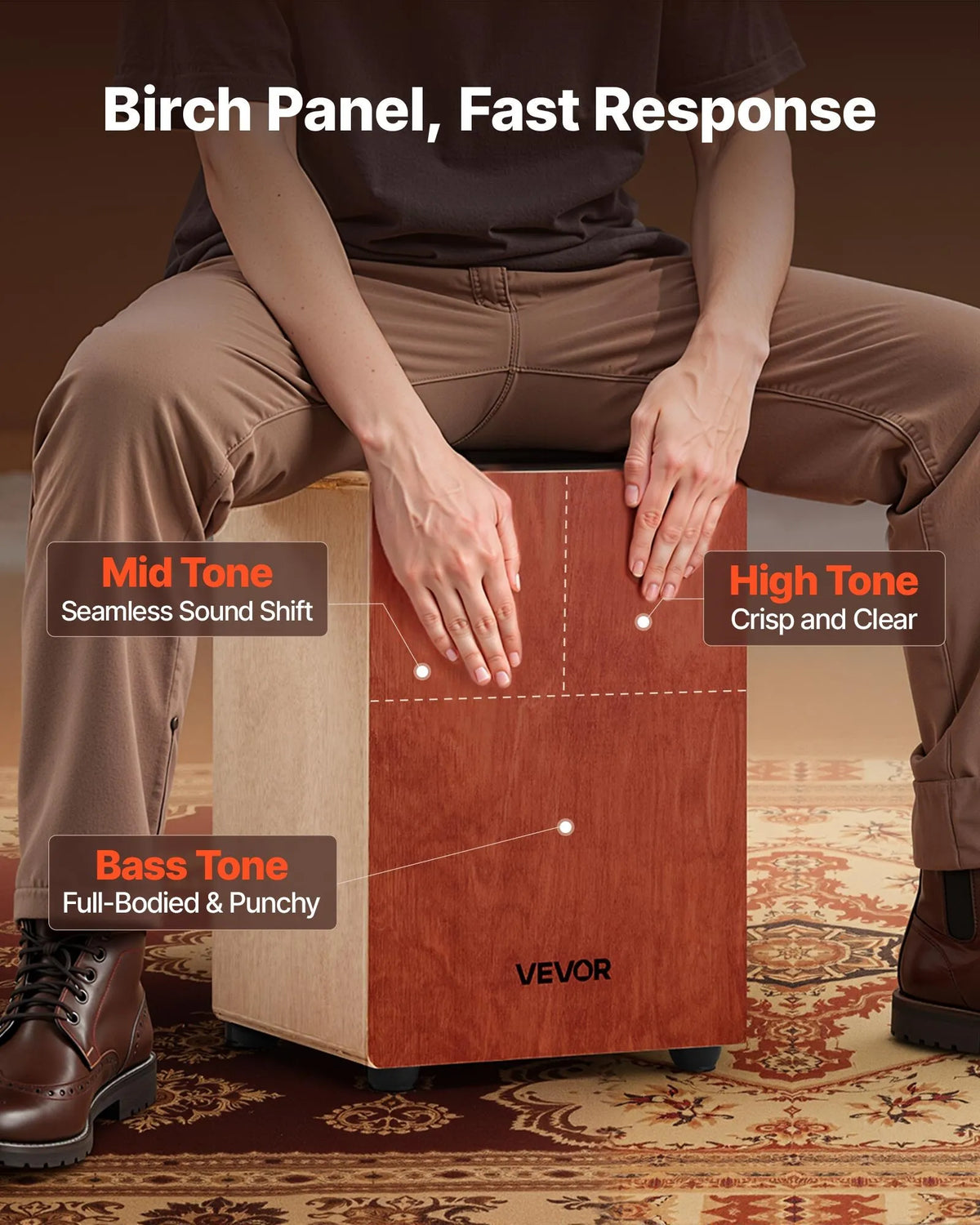 VEVOR Cajon 30.5 × 30.5 × 43 cm with Internal Strings and Silicone Feet, Birch