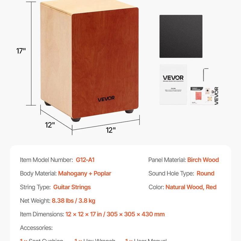 VEVOR kajona boksa bungas ar iekšējām stīgām, pārnēsājamas bērza koka bungas ar silikona kājiņām, 305×305×430 mm