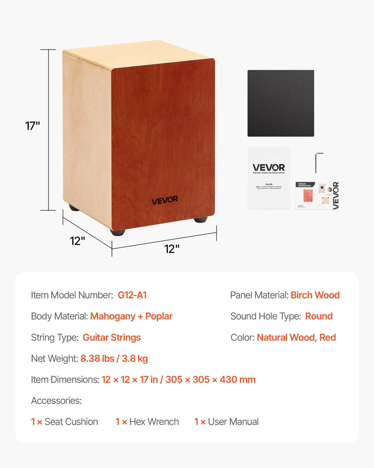 VEVOR Cajon 30.5 × 30.5 × 43 cm with Internal Strings and Silicone Feet, Birch