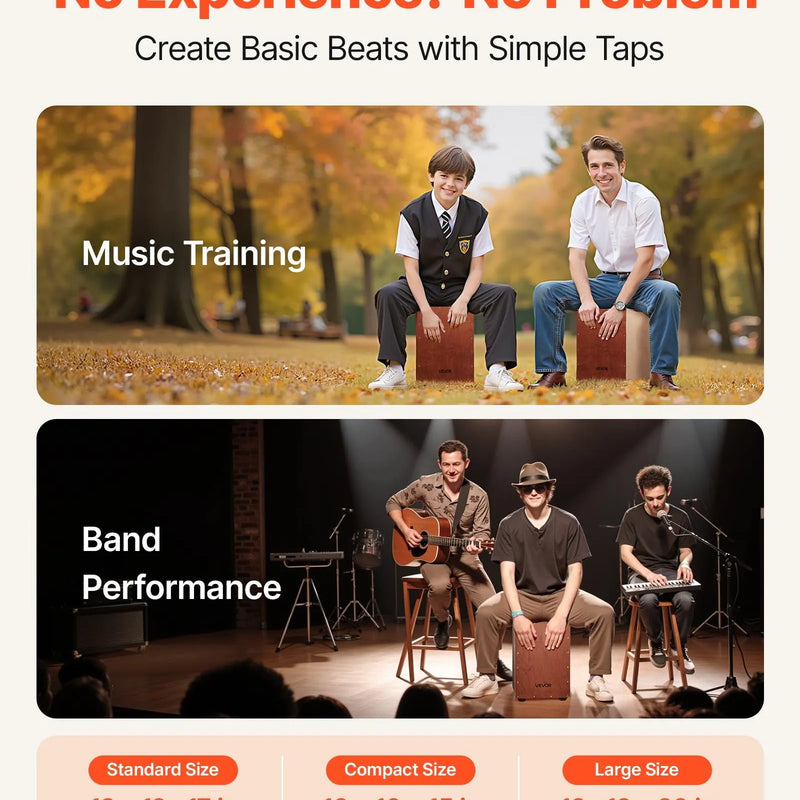 VEVOR perkusiju kājons ar iekšējo striķu sistēmu un silikona kājiņām, bērza koka modelis, 255 × 255 × 380 mm