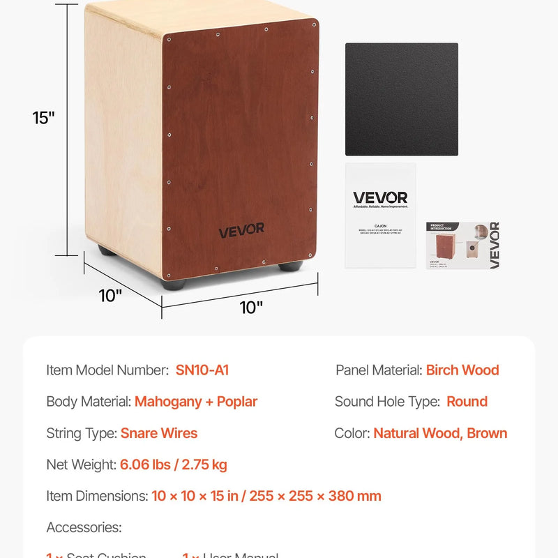 VEVOR perkusiju kājons ar iekšējo striķu sistēmu un silikona kājiņām, bērza koka modelis, 255 × 255 × 380 mm