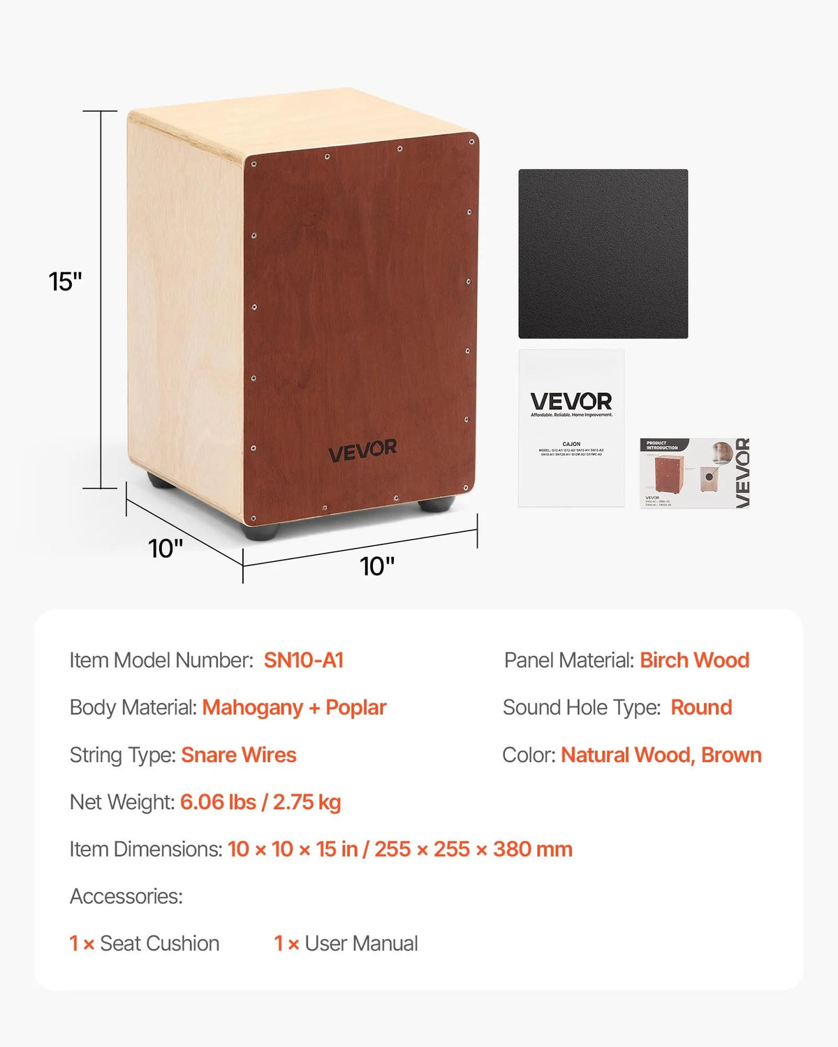 VEVOR kahons 25,5 × 25,5 × 38 cm ar iekšējām stīgām un silikona kājiņām, bērza