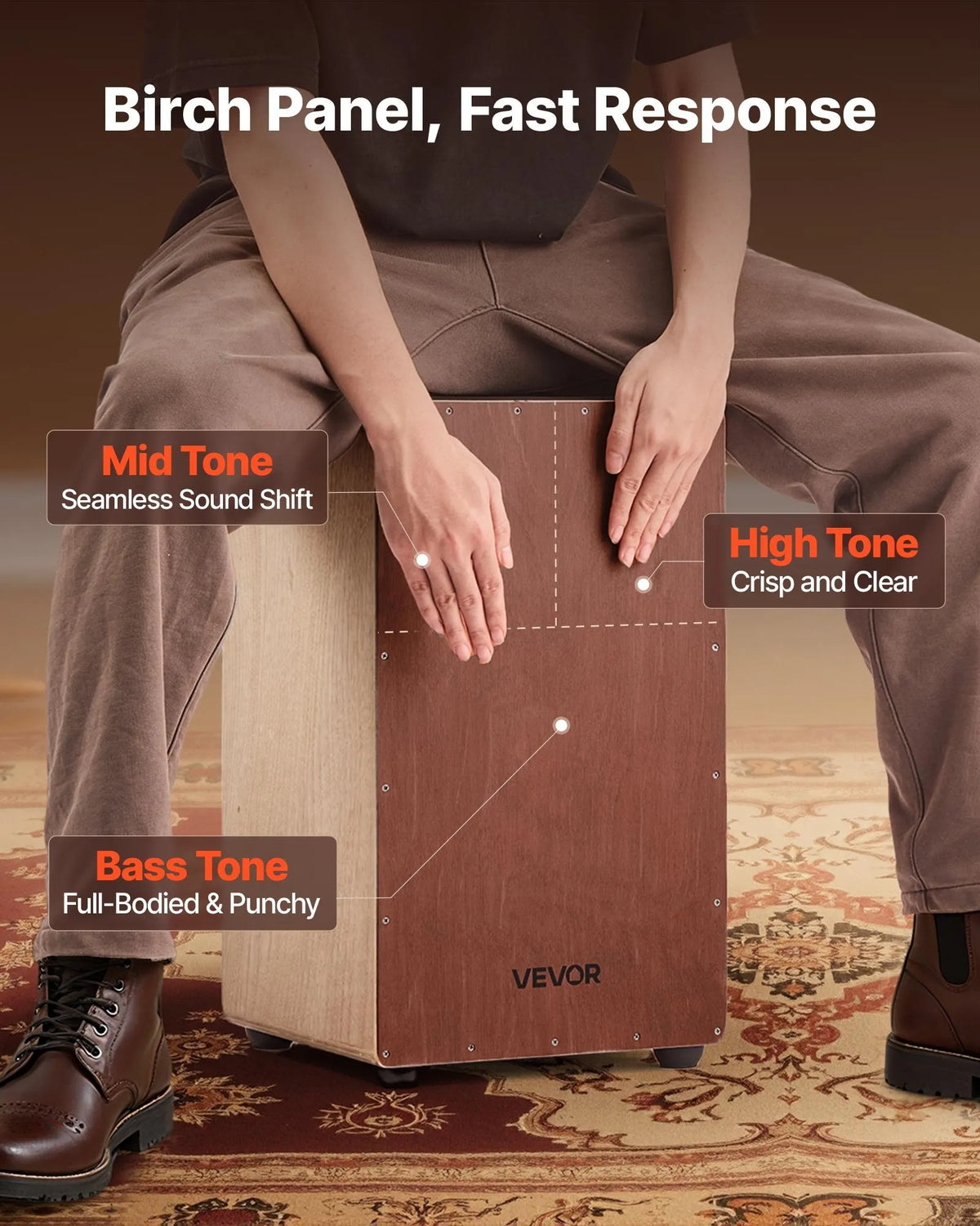 VEVOR Large Cajon 30.5 × 30.5 × 50.8 cm with Internal Strings and Silicone Feet, Birch