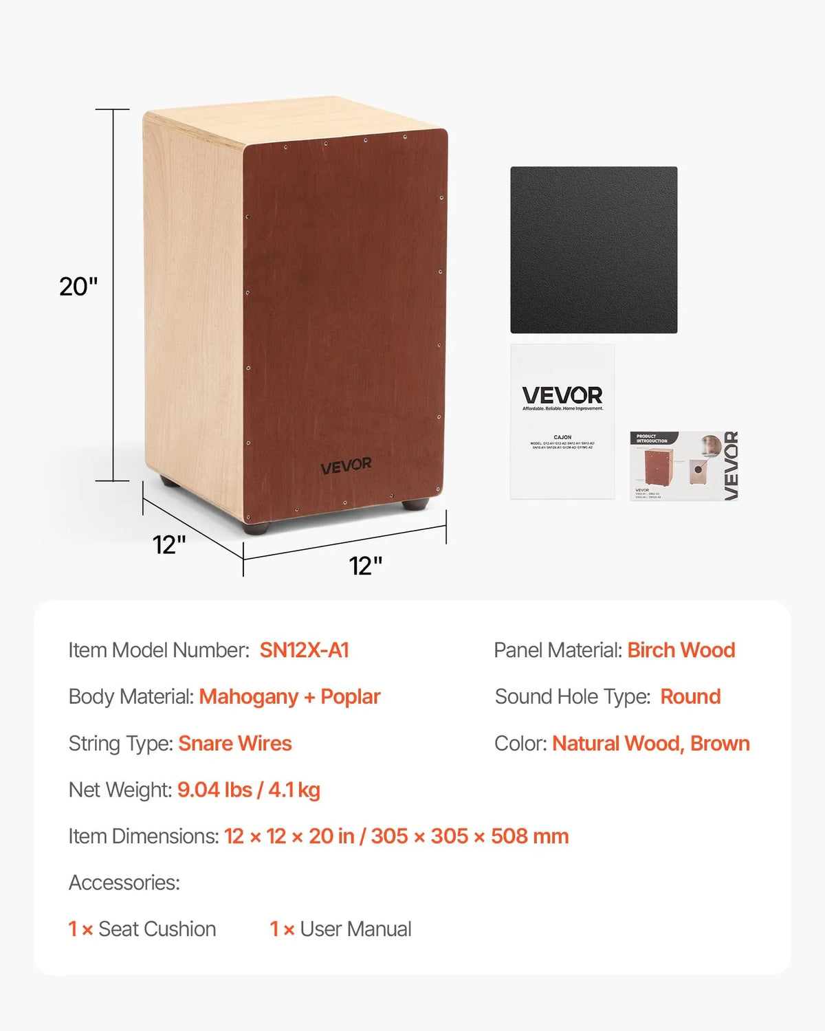VEVOR Large Cajon 30.5 × 30.5 × 50.8 cm with Internal Strings and Silicone Feet, Birch
