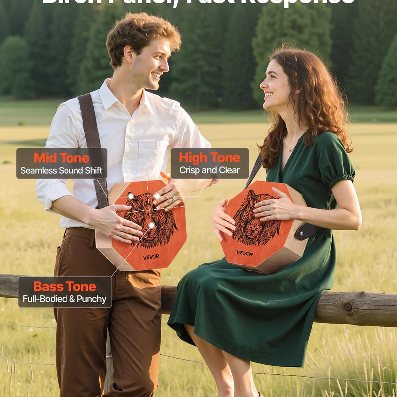 VEVOR unikālais kahona bungas instruments ar iekšējām stīgām, pārnēsājama koka perkusiju kaste ar regulējamu siksnu, bērza koka korpuss, piemērots iesācējiem un profesionāļiem, 295 × 295 × 100 mm