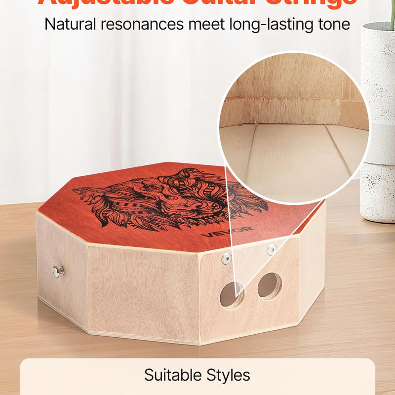 VEVOR unikālais kahona bungas instruments ar iekšējām stīgām, pārnēsājama koka perkusiju kaste ar regulējamu siksnu, bērza koka korpuss, piemērots iesācējiem un profesionāļiem, 295 × 295 × 100 mm