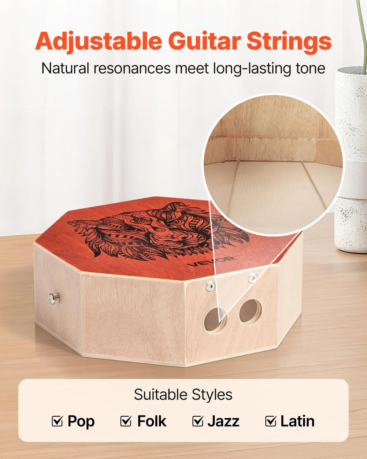 VEVOR Cajon 29.5 × 29.5 × 10 cm with Internal Strings and Adjustable Strap, Birch, Portable