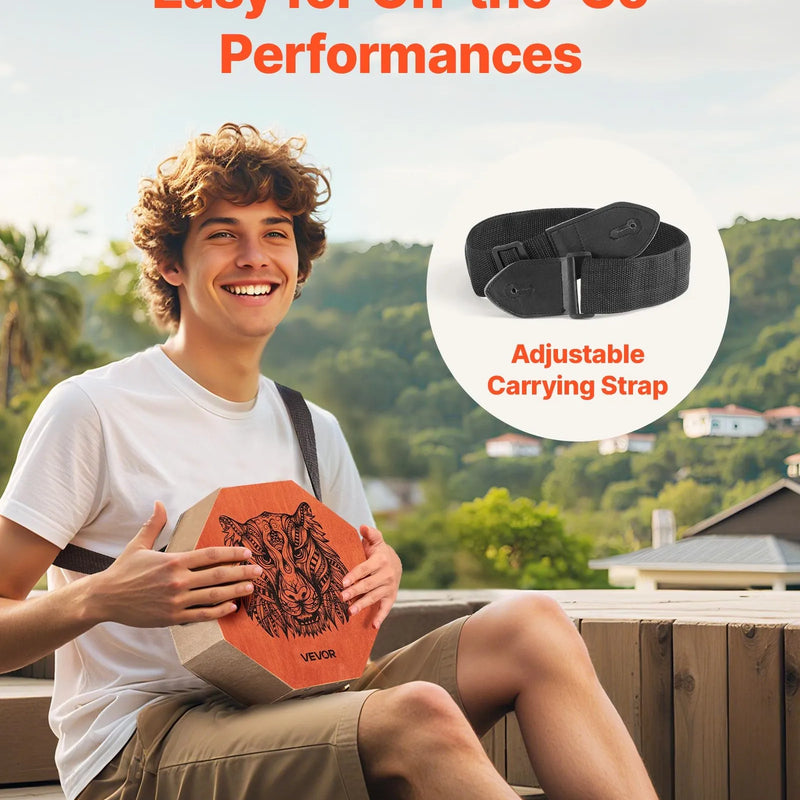 VEVOR unikālais kahona bungas instruments ar iekšējām stīgām, pārnēsājama koka perkusiju kaste ar regulējamu siksnu, bērza koka korpuss, piemērots iesācējiem un profesionāļiem, 295 × 295 × 100 mm