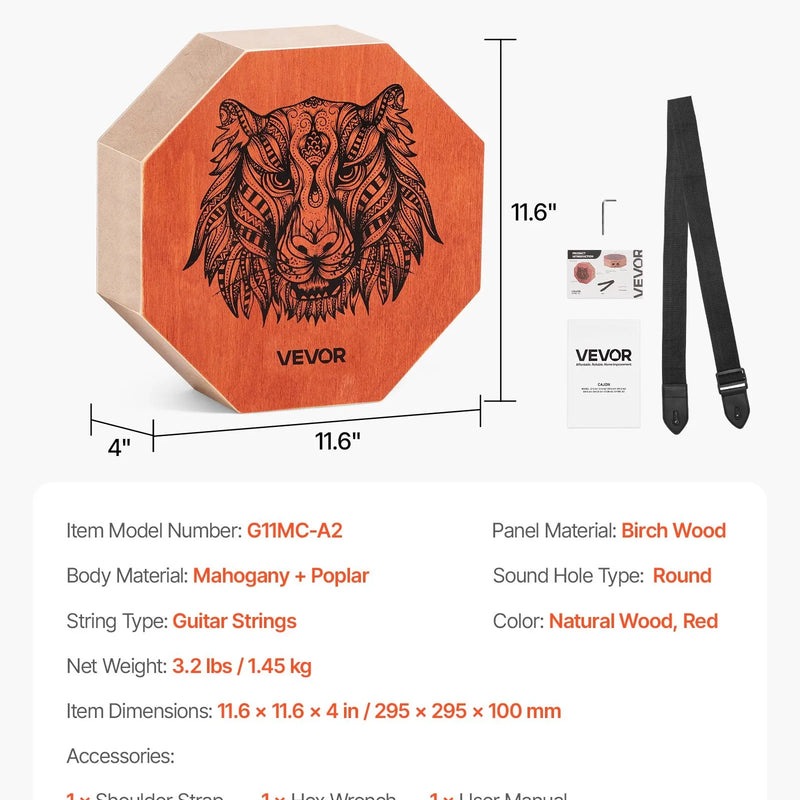 VEVOR unikālais kahona bungas instruments ar iekšējām stīgām, pārnēsājama koka perkusiju kaste ar regulējamu siksnu, bērza koka korpuss, piemērots iesācējiem un profesionāļiem, 295 × 295 × 100 mm