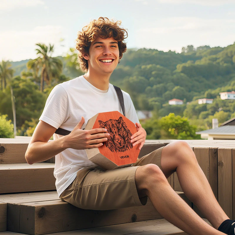 VEVOR unikālais kahona bungas instruments ar iekšējām stīgām, pārnēsājama koka perkusiju kaste ar regulējamu siksnu, bērza koka korpuss, piemērots iesācējiem un profesionāļiem, 295 × 295 × 100 mm