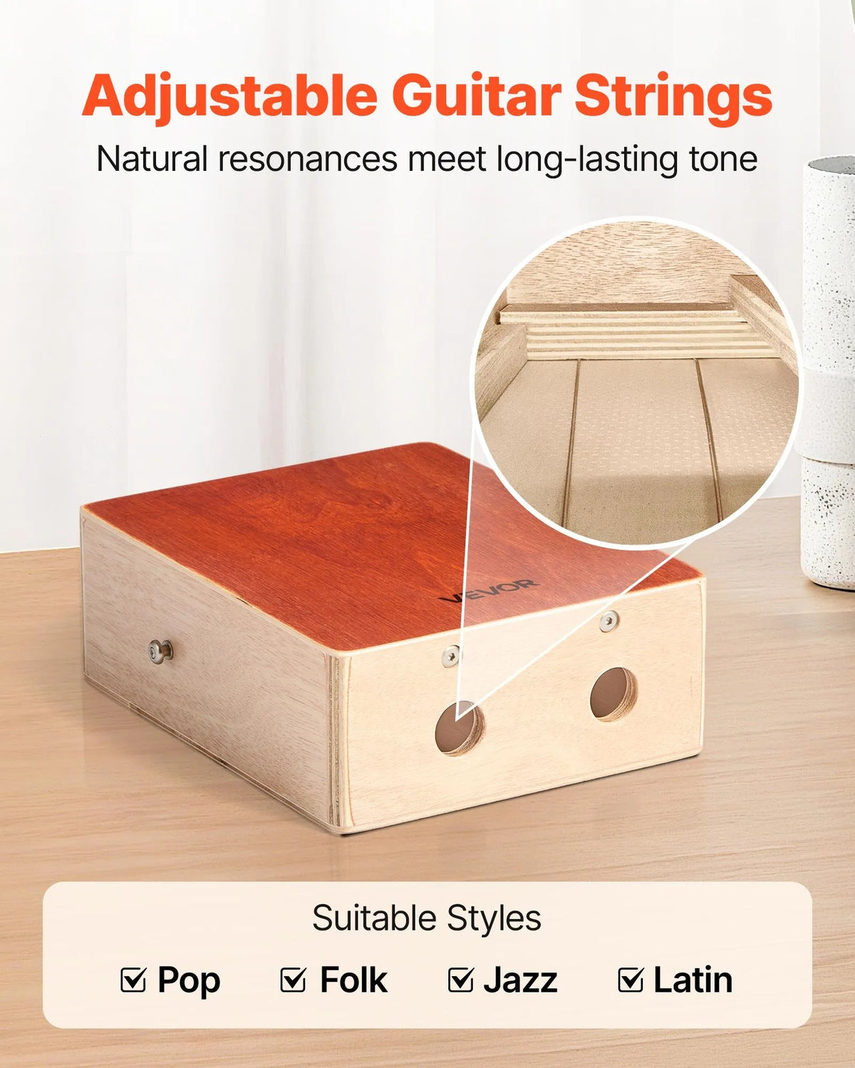 VEVOR Cajon 23 × 10 × 28 cm with Internal Strings, Bag and Adjustable Strap, Birch
