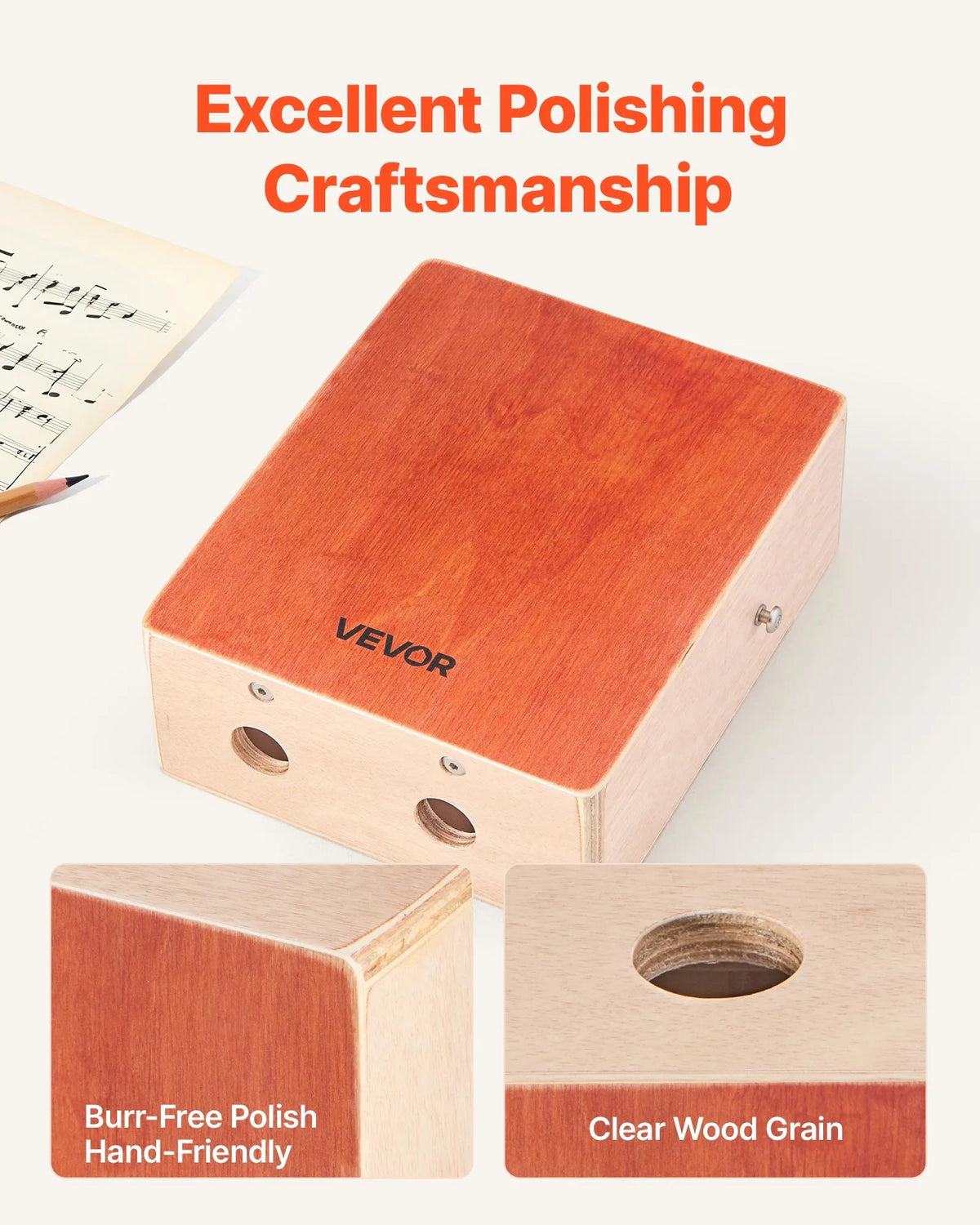 VEVOR Cajon 23 × 10 × 28 cm with Internal Strings, Bag and Adjustable Strap, Birch