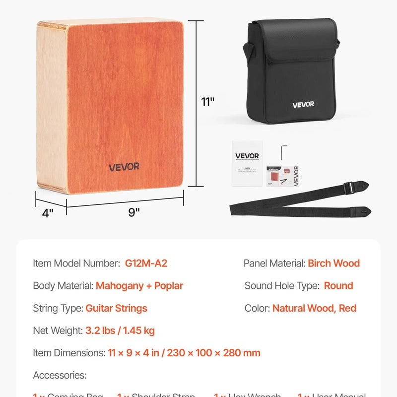 VEVOR kajona boksa bungas ar iekšējām stīgām, vieglas pārnēsājamas bērza koka perkusijas ar ceļojuma somu un regulējamu siksnu, 230 × 100 × 280 mm, iesācējiem un profesionāļiem