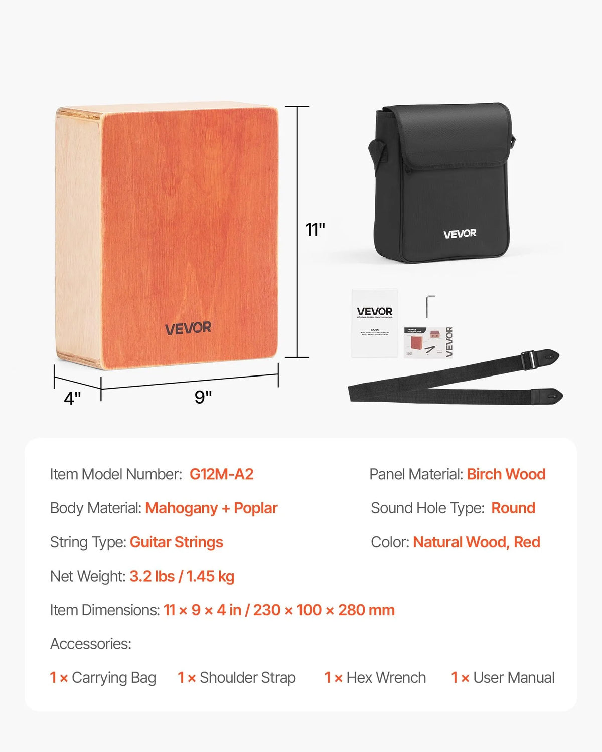 VEVOR Cajon 23 × 10 × 28 cm with Internal Strings, Bag and Adjustable Strap, Birch