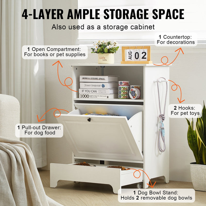 VEVOR mājdzīvnieku barošanas stacija ar 2 paceltām suņu bļodām – barības un rotaļlietu glabāšanas skapis