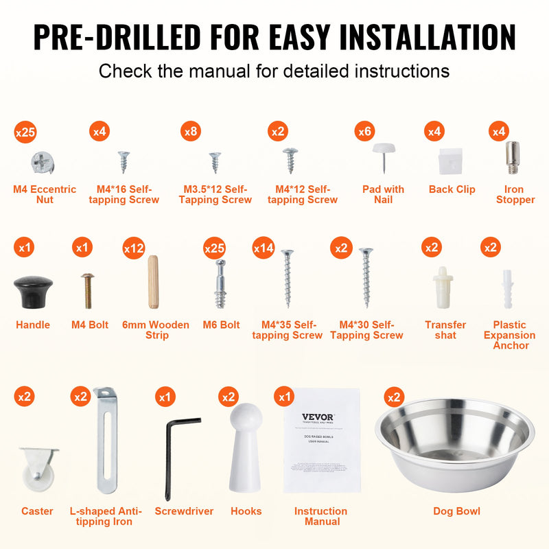 VEVOR mājdzīvnieku barošanas stacija ar 2 paceltām suņu bļodām – barības un rotaļlietu glabāšanas skapis