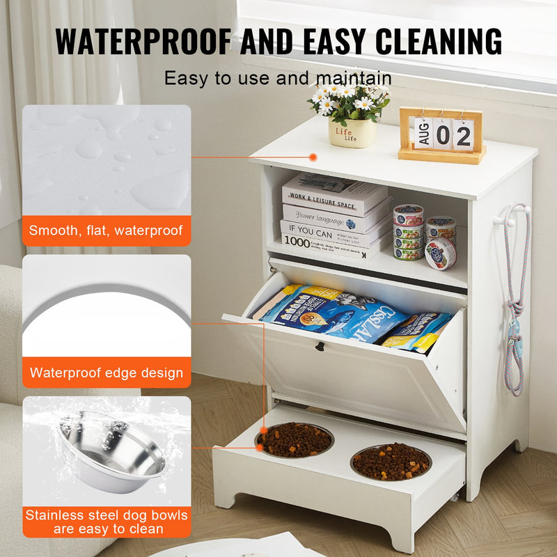 VEVOR mājdzīvnieku barošanas stacija ar 2 paceltām suņu bļodām – barības un rotaļlietu glabāšanas skapis