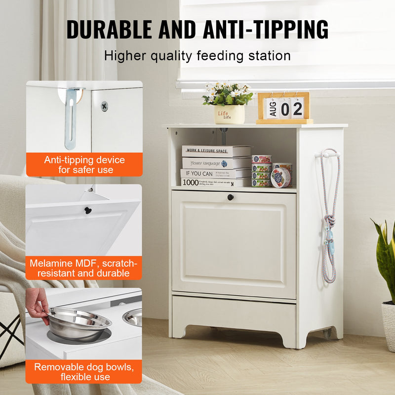 VEVOR mājdzīvnieku barošanas stacija ar 2 paceltām suņu bļodām – barības un rotaļlietu glabāšanas skapis