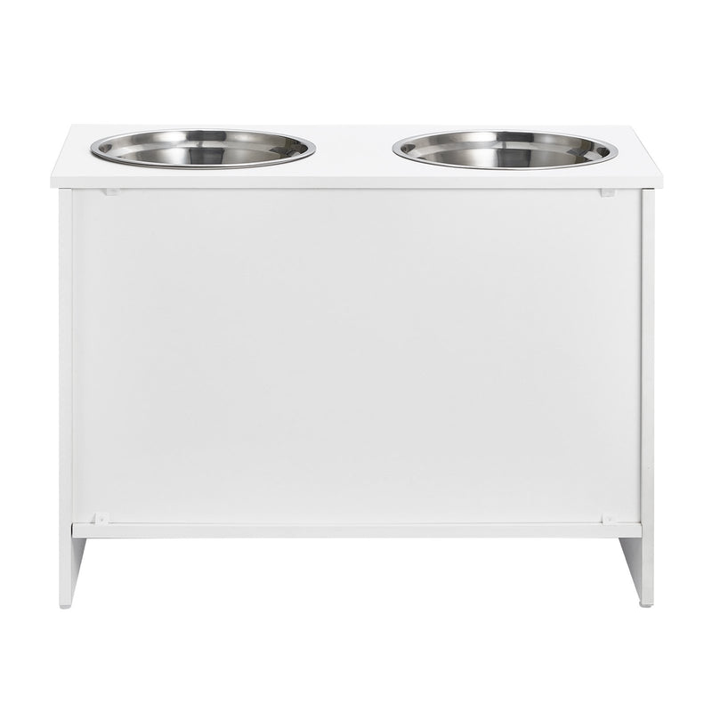 VEVOR mājdzīvnieku barošanas plaukts ar 2 paaugstinātām suņu bļodām un glabāšanas skapi