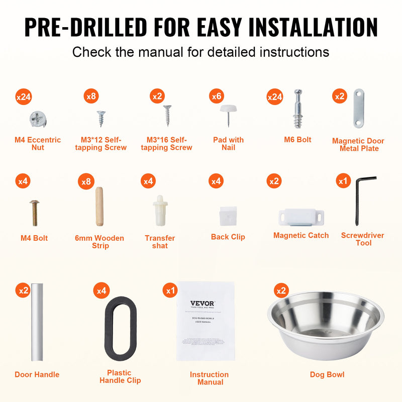 VEVOR mājdzīvnieku barošanas plaukts ar 2 paaugstinātām suņu bļodām un glabāšanas skapi